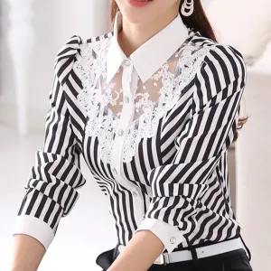 Trendy Striped Lace Polo Blouse