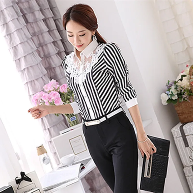 Trendy Striped Lace Polo Blouse