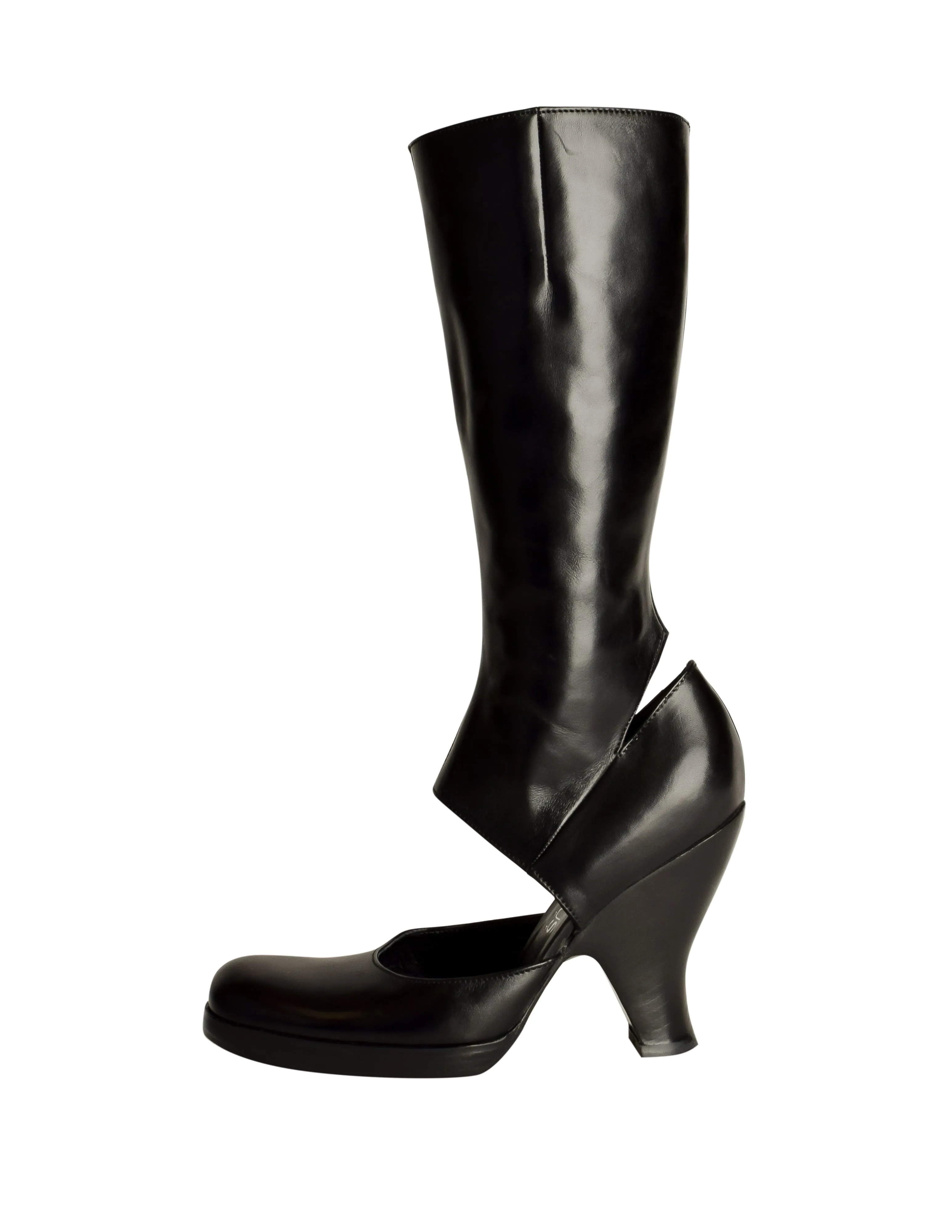 Versus Versace Vintage Black Leather Cut Out Curved Heel Boots