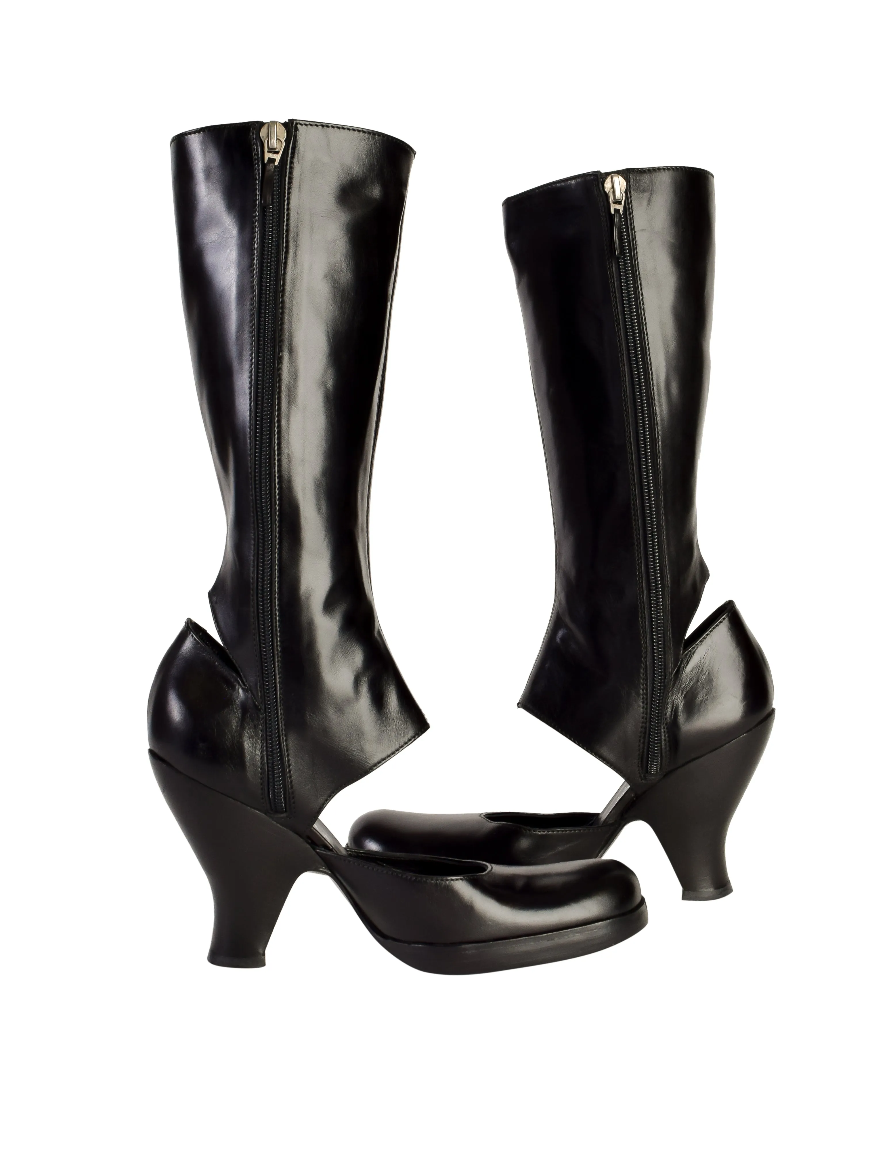 Versus Versace Vintage Black Leather Cut Out Curved Heel Boots