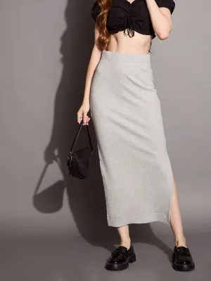 Women Grey Melange Rib Pencil Skirt