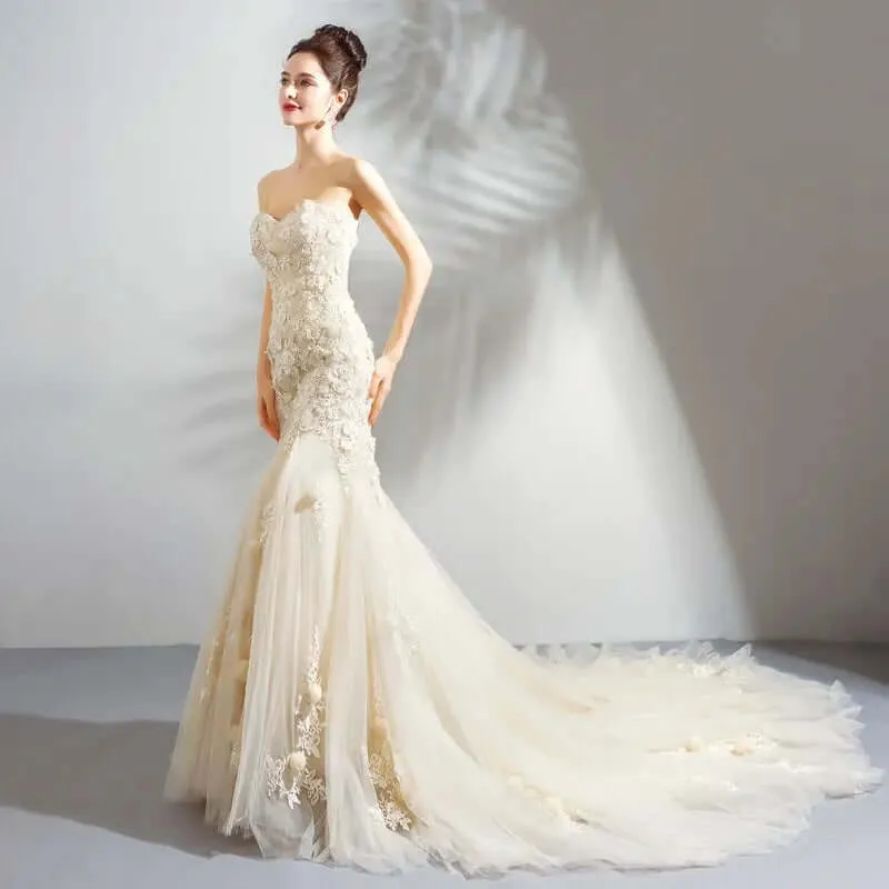 women Romantic Light Champagne Mermaid Wedding Dress