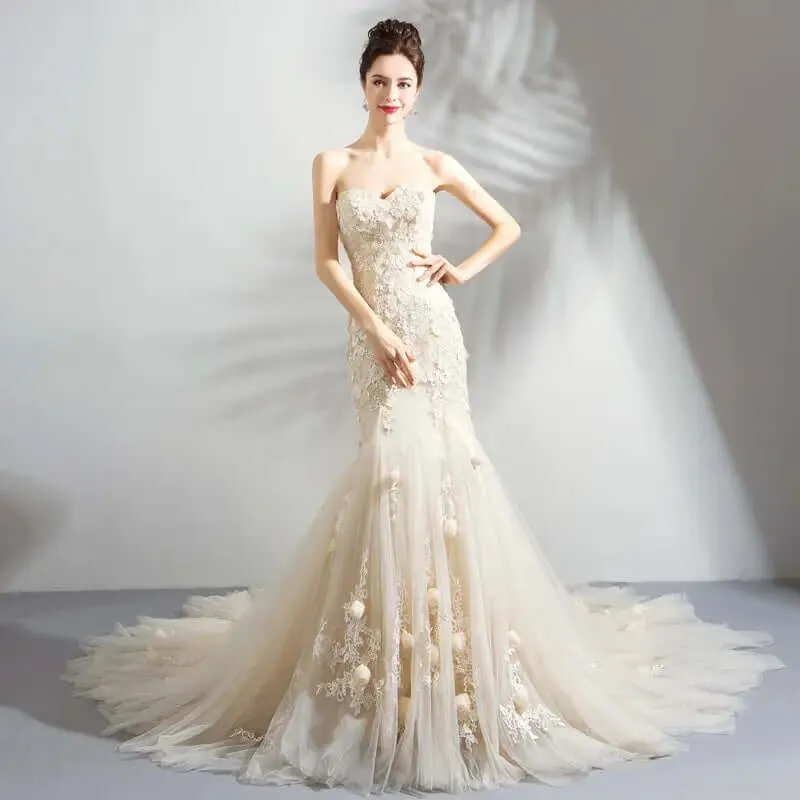 women Romantic Light Champagne Mermaid Wedding Dress