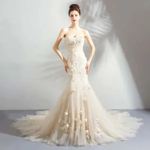 women Romantic Light Champagne Mermaid Wedding Dress