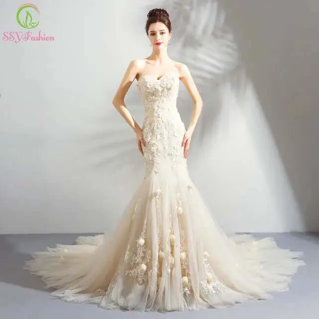 women Romantic Light Champagne Mermaid Wedding Dress