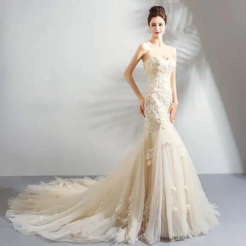 women Romantic Light Champagne Mermaid Wedding Dress